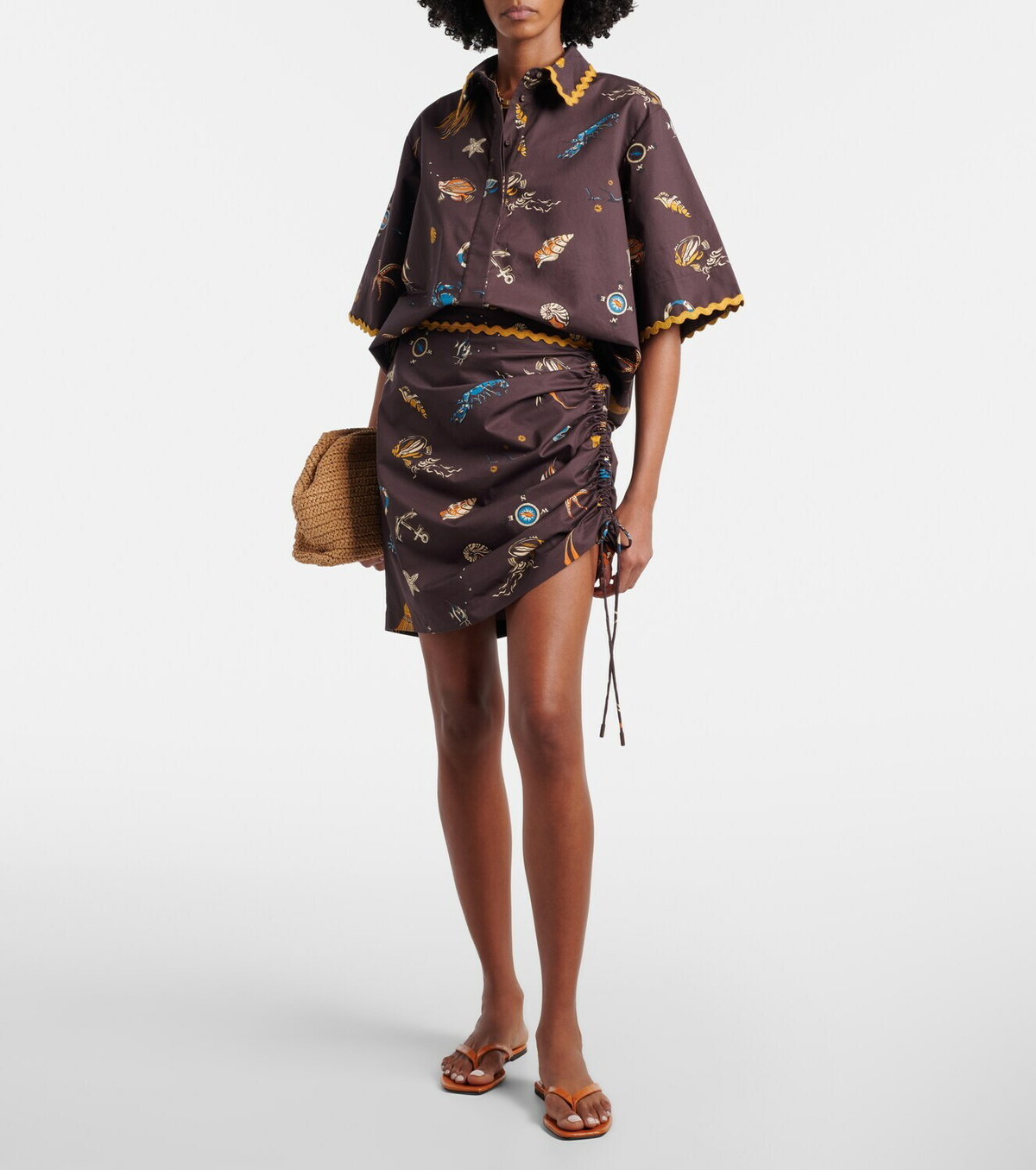 Alémais Printed ruched cotton miniskirt