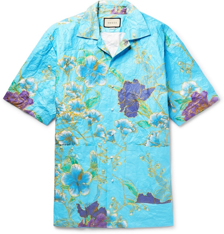 Photo: Gucci - Oversized Camp-Collar Printed Paper-Effect Crinkled-Shell Shirt - Blue
