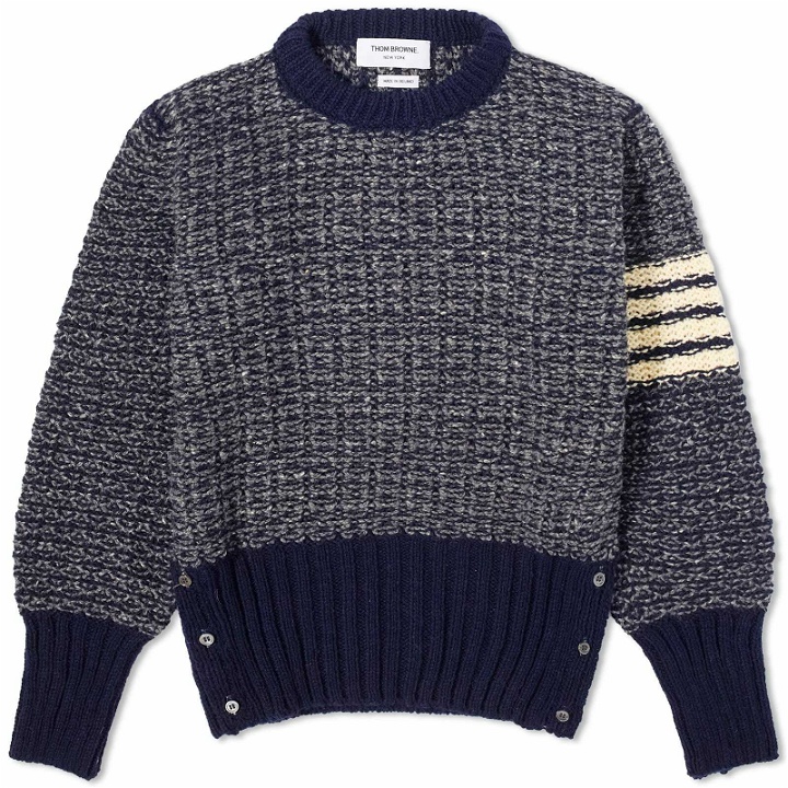 Photo: Thom Browne Men's 4-Bar Donegal Crew Neck Jumper in Navy
