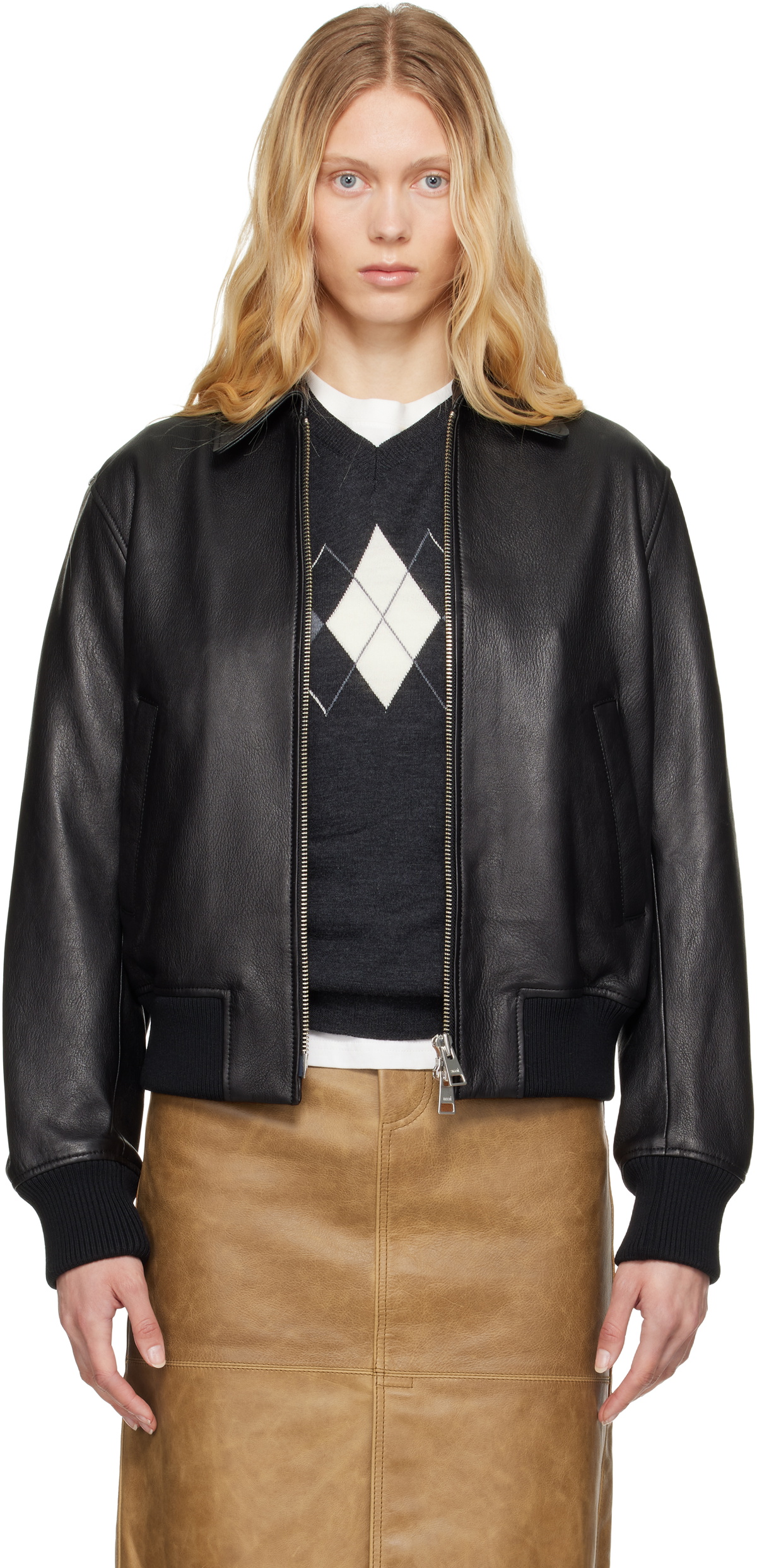 AMI Paris Black Zipped Leather Jacket