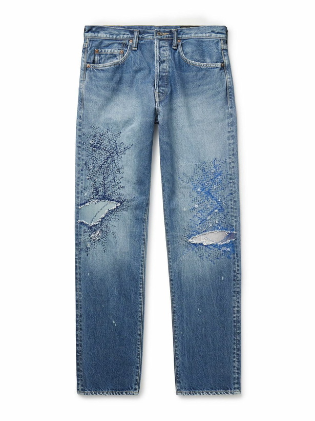 Photo: KAPITAL - Monkey CISCO Straight-Leg Distressed Embroidered Jeans - Blue