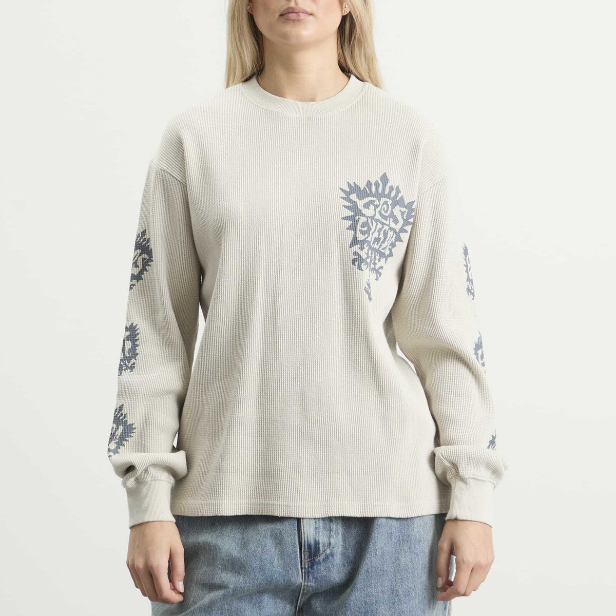 YESEYESEE Women's Y.E.S Stamp Waffle Long Sleeve in Ecru