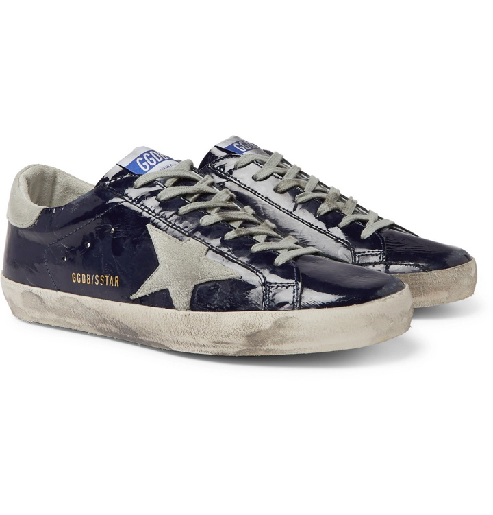 Photo: Golden Goose - Superstar Distressed Patent-Leather and Suede Sneakers - Blue