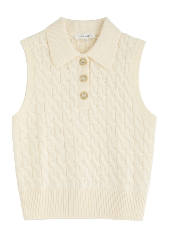 Photo: Frame Cable-knit Wool Polo Vest Cream