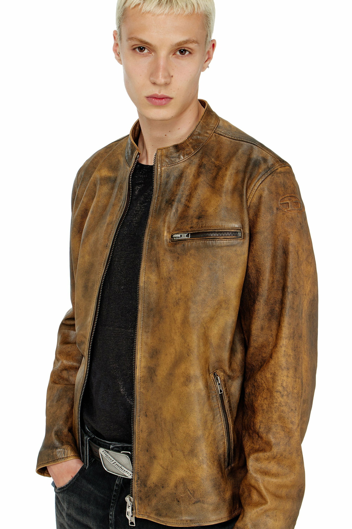 Diesel Biker jacket in treated leather - Leather jackets Mens in Brown