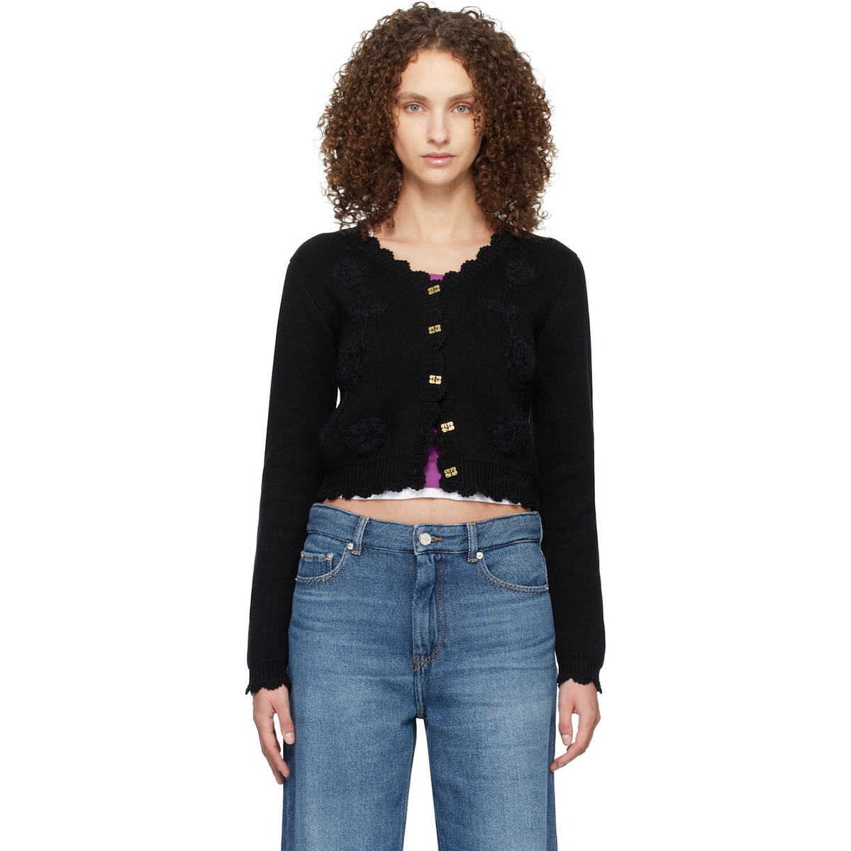 GANNI Black Crochet Appliqué Cardigan
