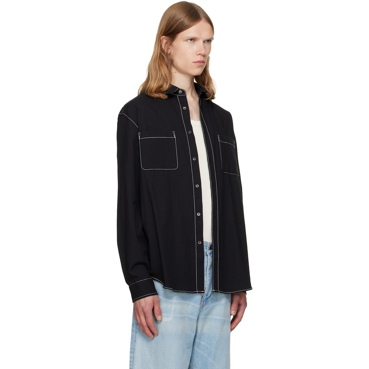 vowels Black Double Pocket Shirt