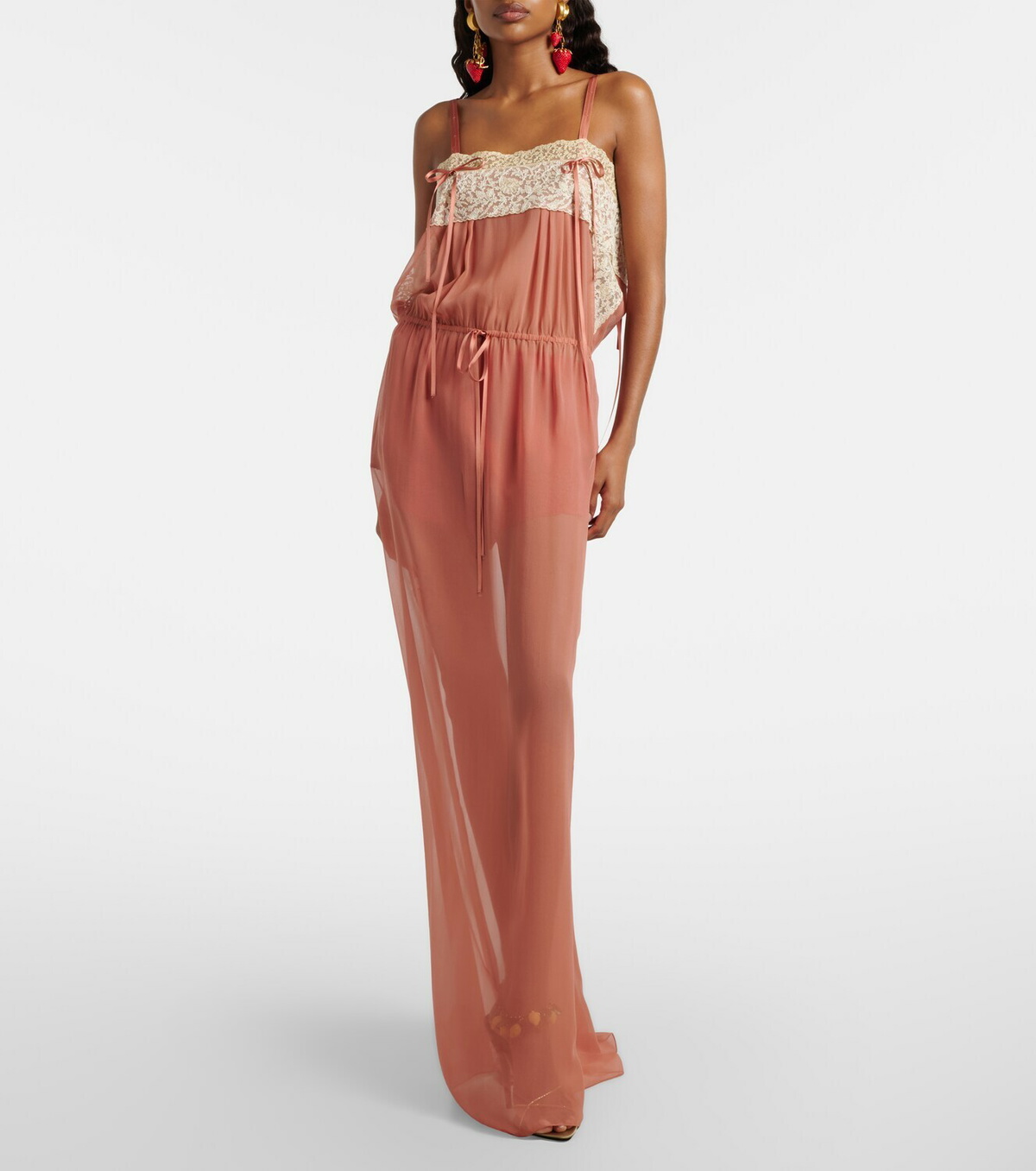 Saint Laurent Lace-trimmed silk crêpe muslin maxi dress
