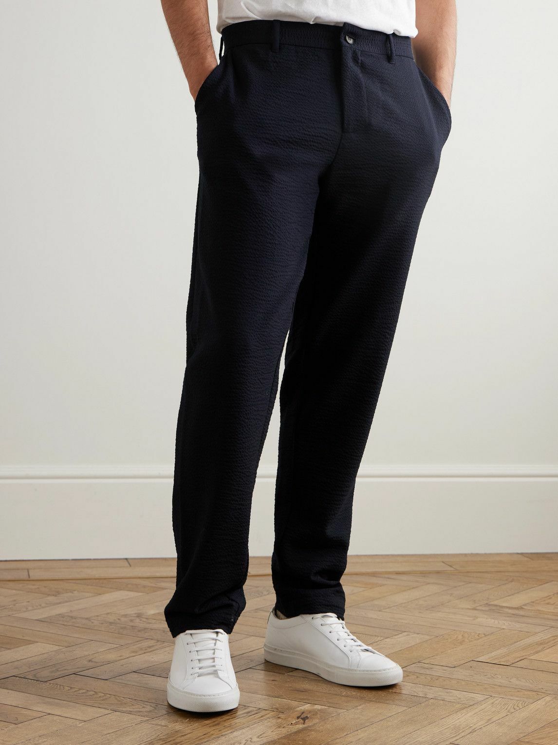 Sunspel - Straight-Leg Wool-Blend Seersucker Trousers - Blue