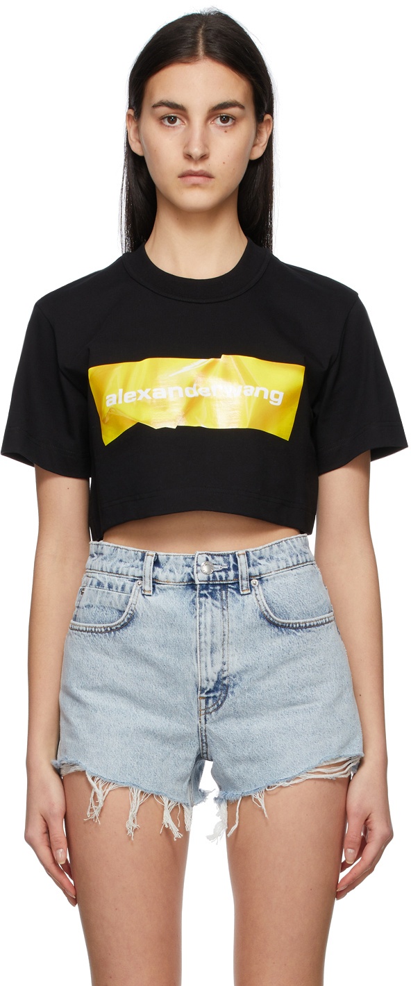 Alexander Wang Black Crumpled Logo Crop T-Shirt