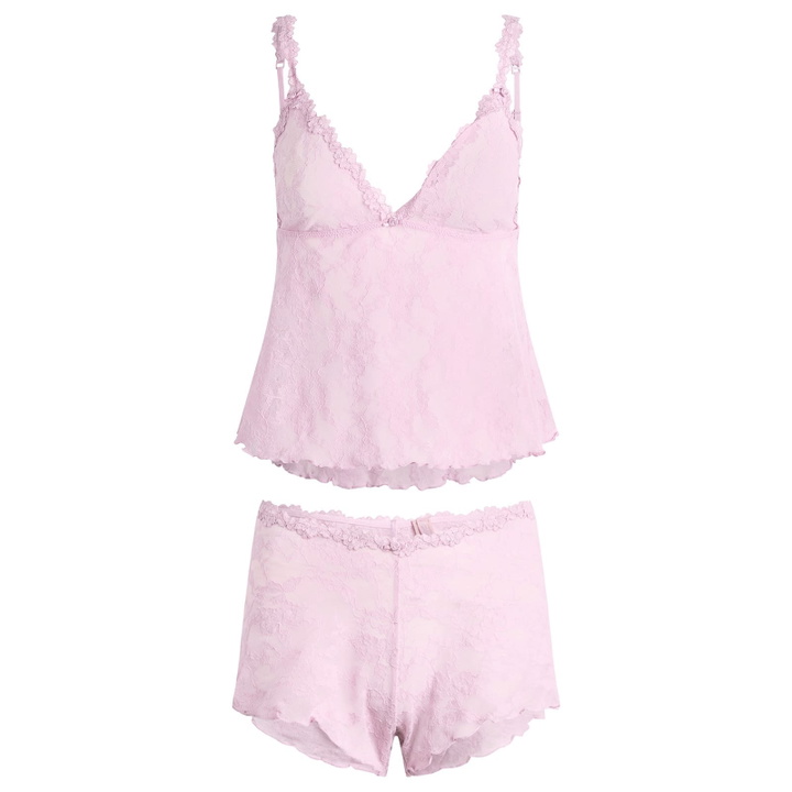 Photo: SKIMS Women's Stretch Lace Triangle Cami & Short Set in Baby Pink