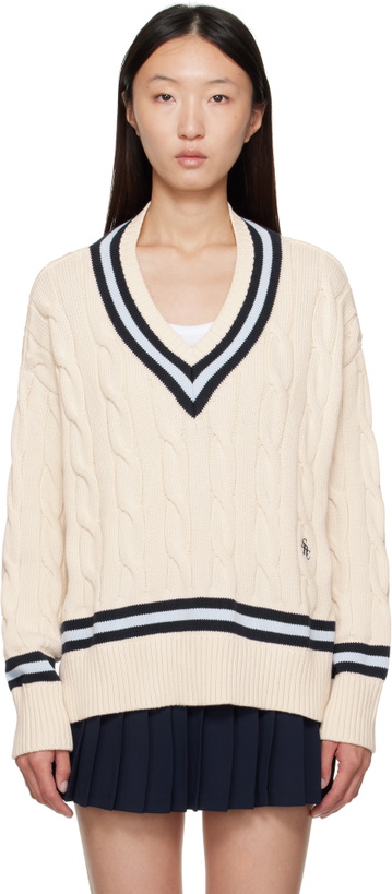 Photo: Sporty & Rich Off-White 'SRC' Cableknit V-Neck Sweater