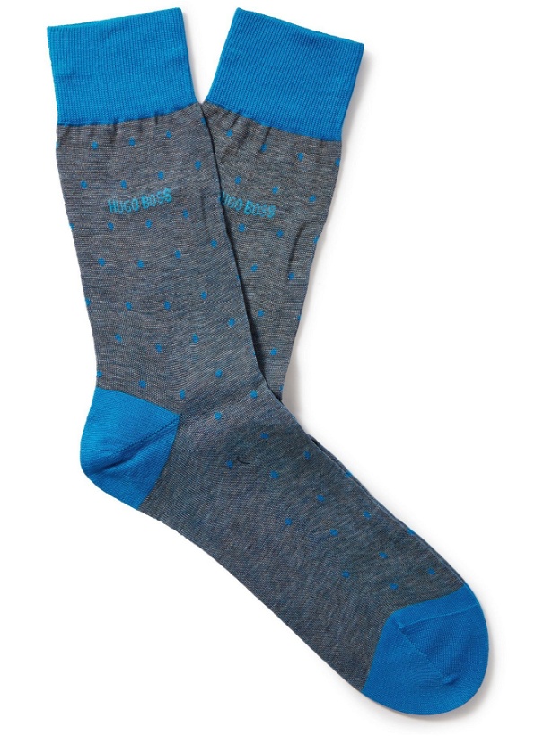 Photo: HUGO BOSS - Polka-Dot Mercerised Cotton Socks - Blue - EU 41-42
