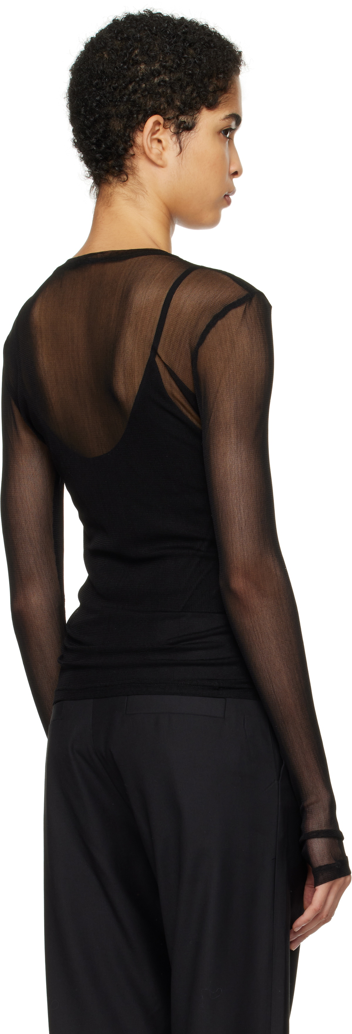 Silk Laundry Black Mesh Long Sleeve T-shirt