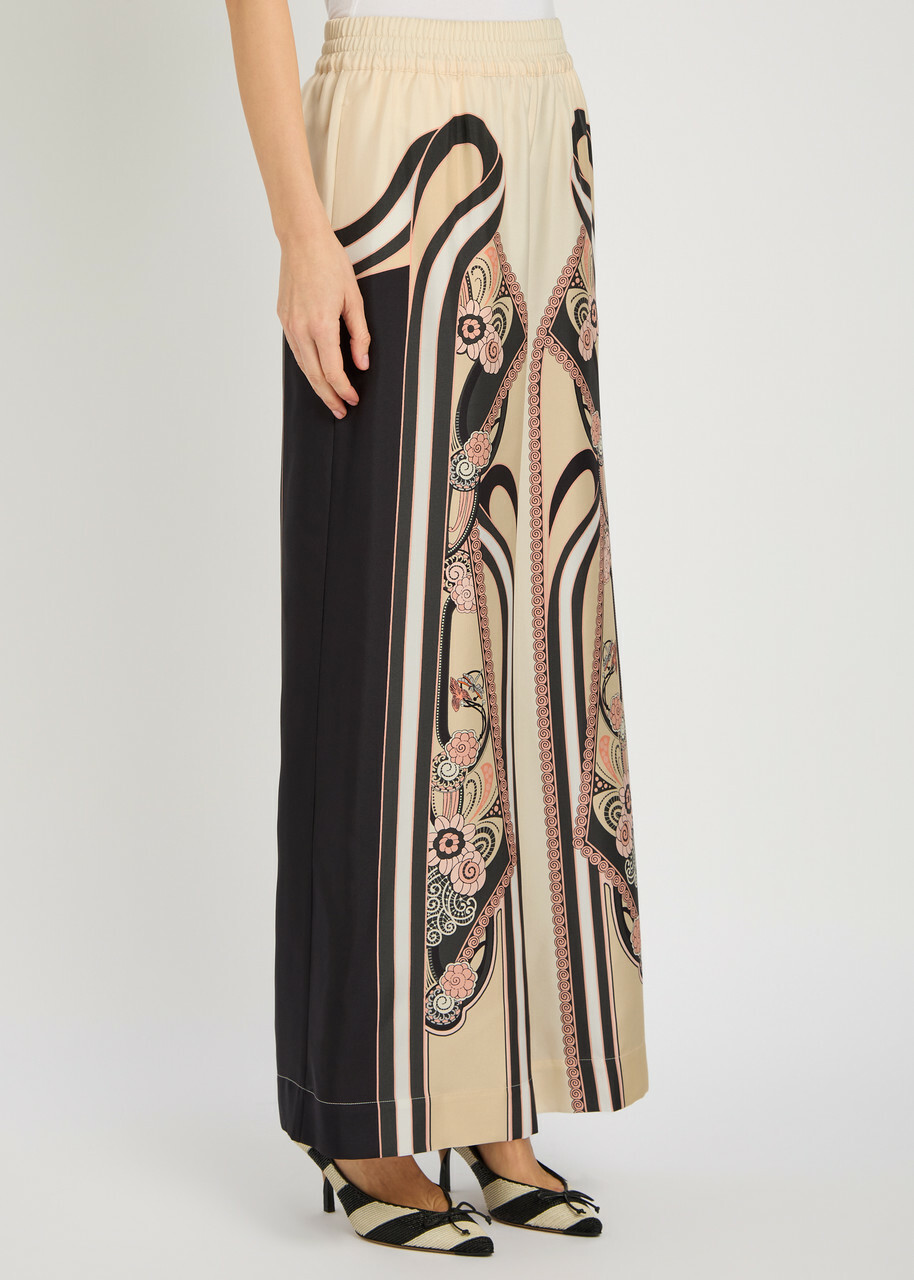 LA Double J Printed Wide-leg Silk Trousers Cream
