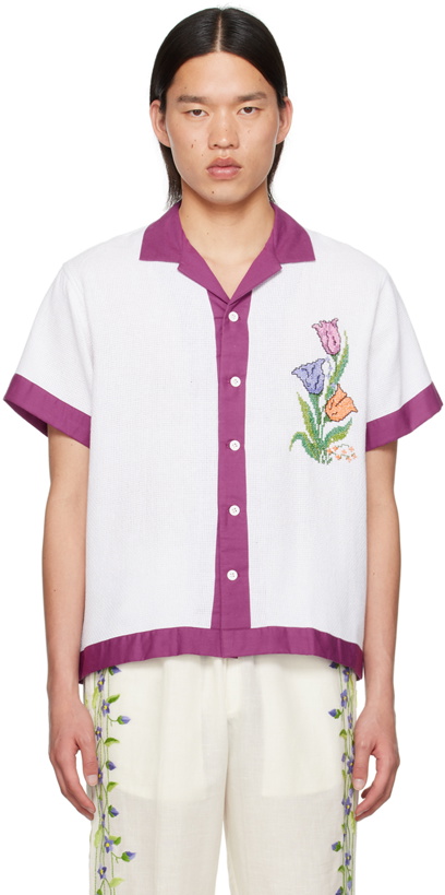 Photo: HARAGO White & Purple Cross-Stitched Shirt