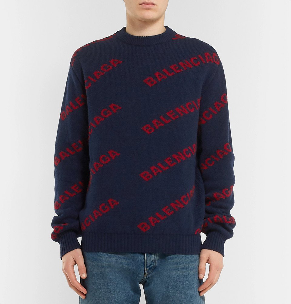 Balenciaga Long Sleeve Logo Cardigan in Navy