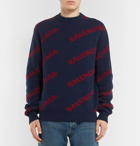 Balenciaga - Logo-Intarsia Virgin Wool-Blend Sweater - Men - Navy