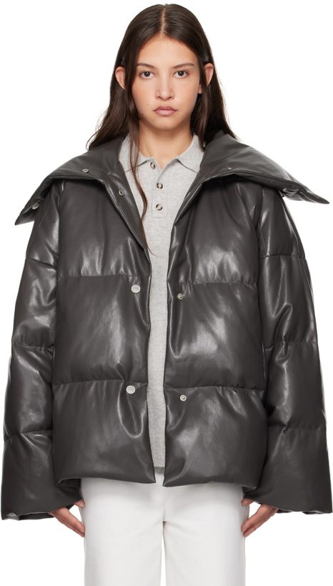 Photo: Nanushka Khaki Alora Down Vegan Leather Jacket
