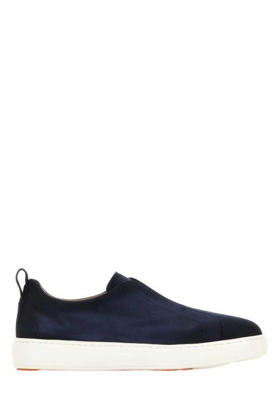 Photo: Santoni Navy Blue Suede Victory Slip Ons