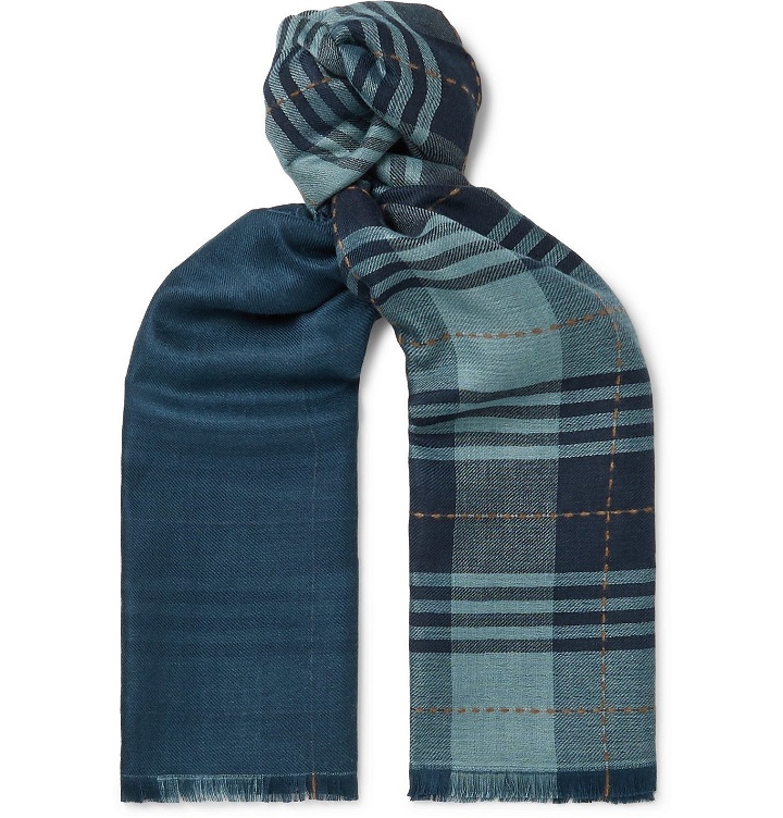 Photo: Loro Piana - Fringed Checked Cashmere and Silk-Blend Scarf - Blue