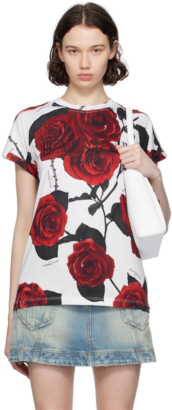 Photo: Balmain White & Red Rose Print T-Shirt