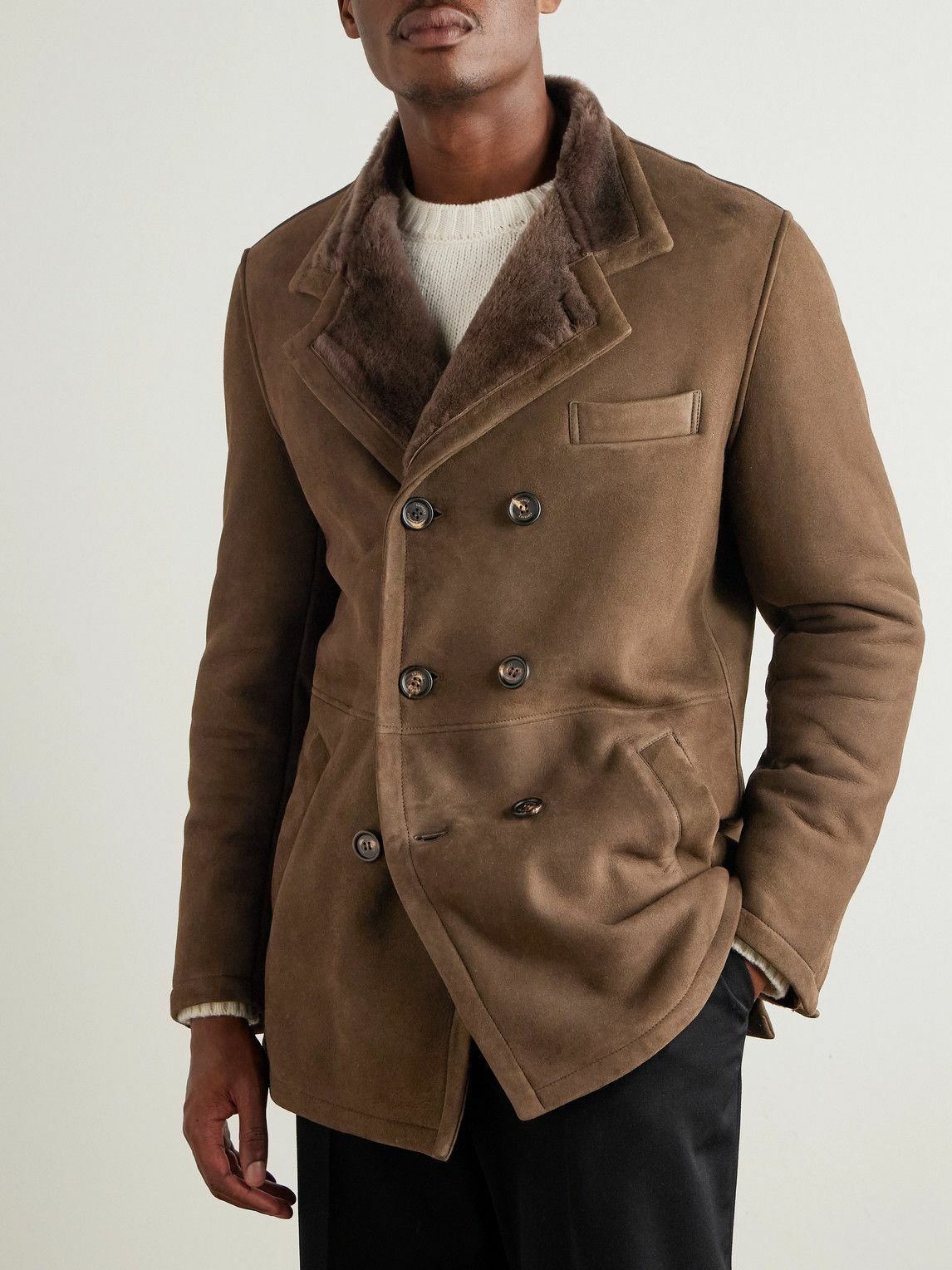Eleventy - Double-Breasted Shearling Overcoat - Brown