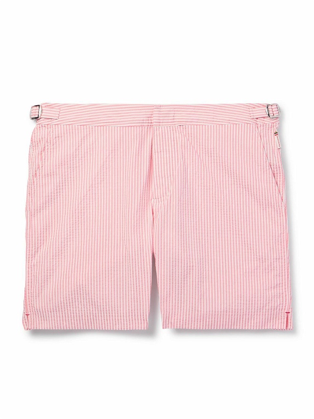 Photo: Orlebar Brown - Bulldog Straight-Leg Mid-Length Striped Seersucker Swim Shorts - Pink