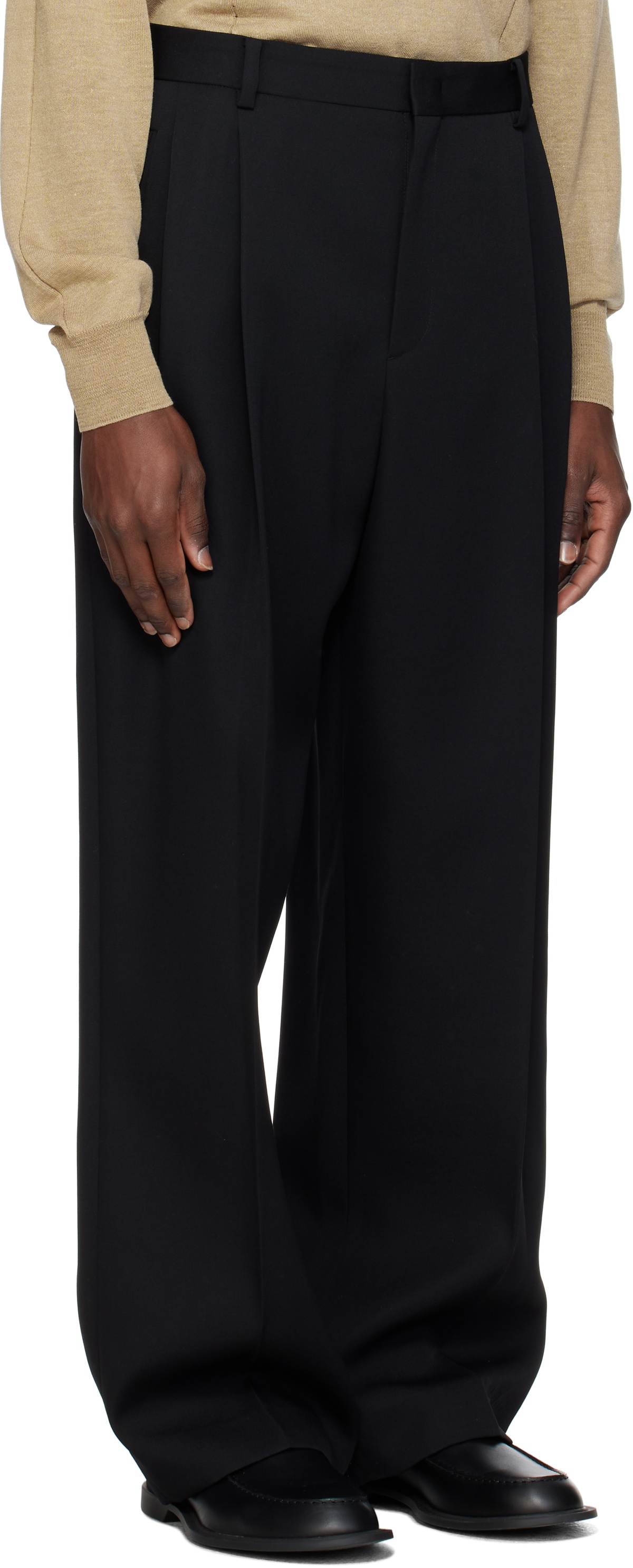 RECTO Black Double Pleated Wide Trousers