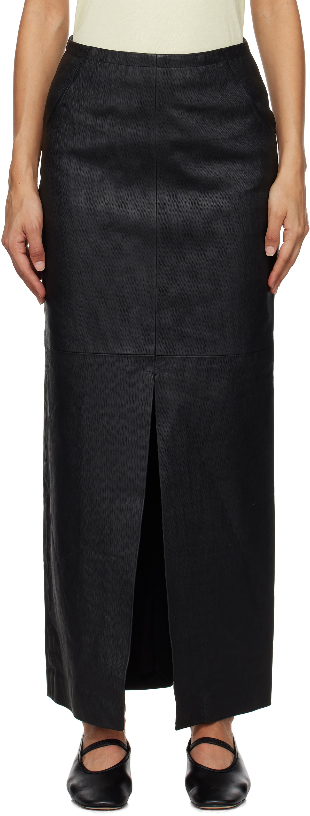 REMAIN Birger Christensen Black Leather Midi Skirt