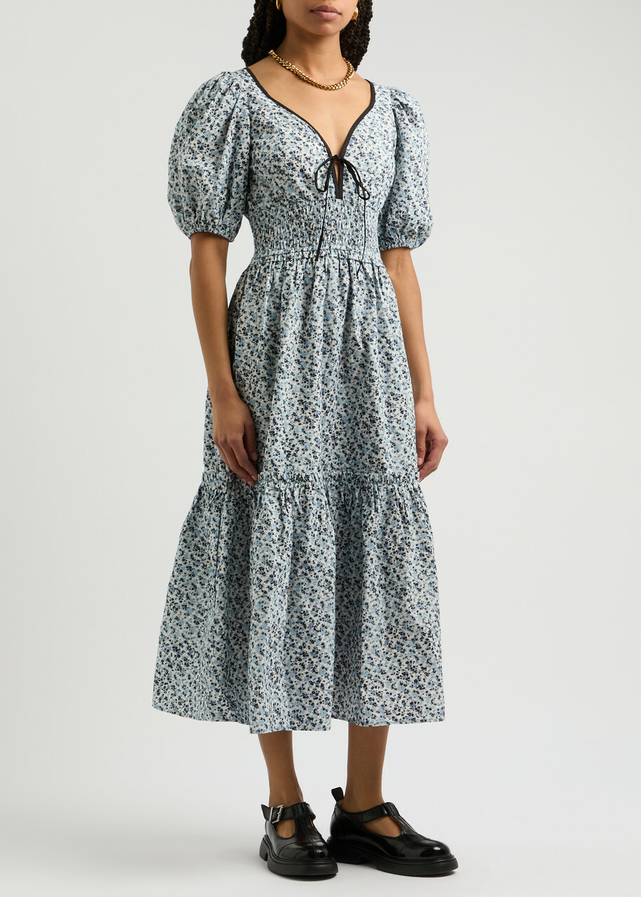 Ganni Floral-print Cotton Midi Dress Blue