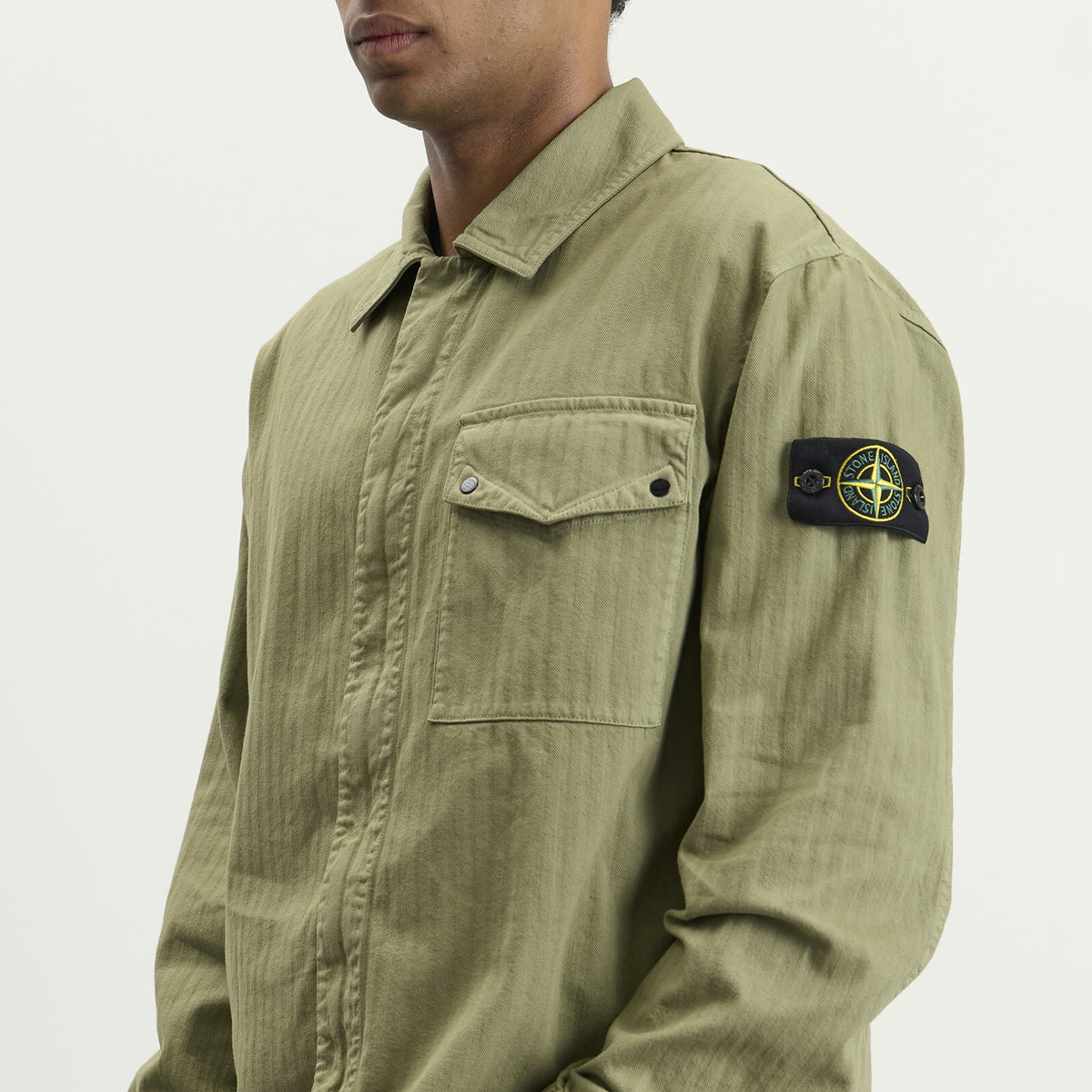 Stone Island Men's Cotton Herringbone Zip Shirt Jacket in Laurel Green