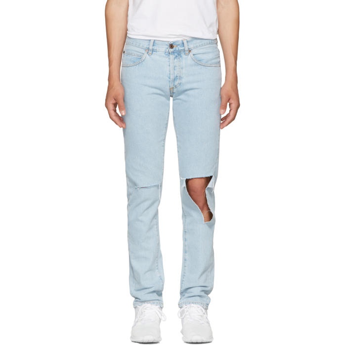 Photo: Off-White Blue Diagonal Raw Cut Slim Jeans 