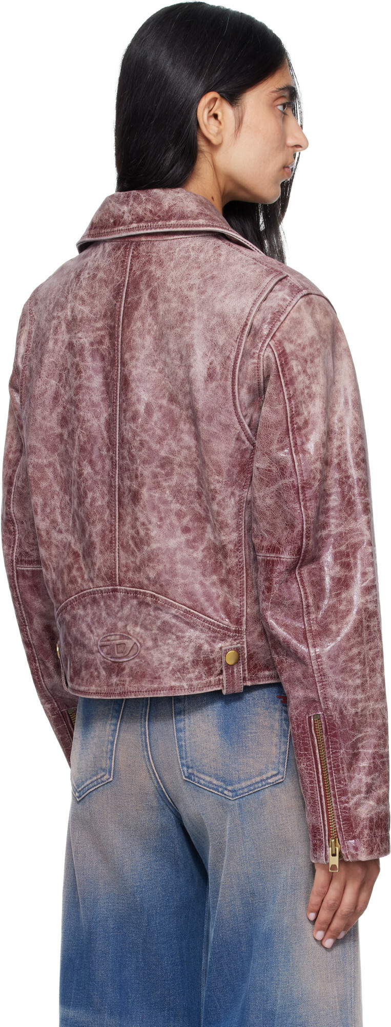 Diesel Pink Treated Leather Biker Jacket