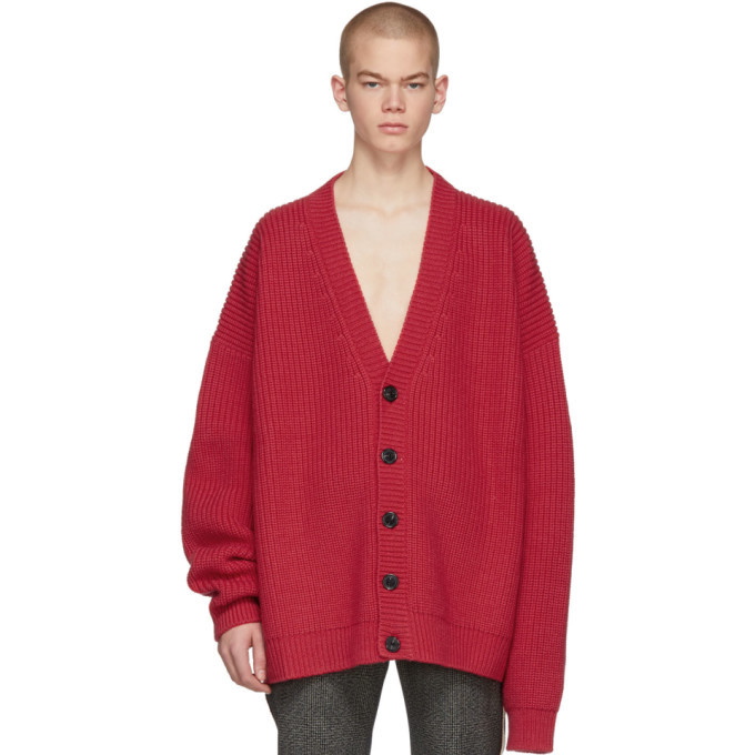 Photo: Raf Simons Pink V-Neck Leather Patch Cardigan