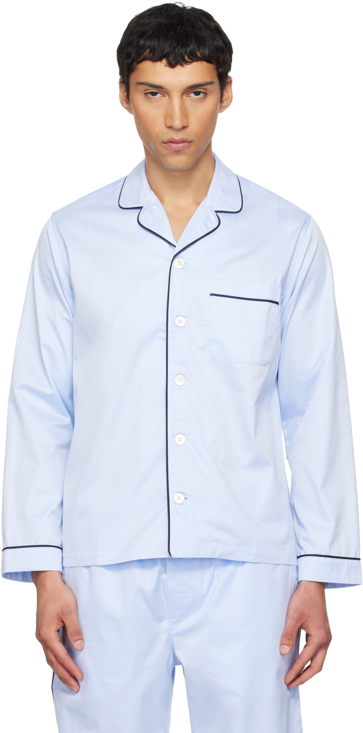 Tekla Blue Sateen Long-Sleeved Pyjama Shirt
