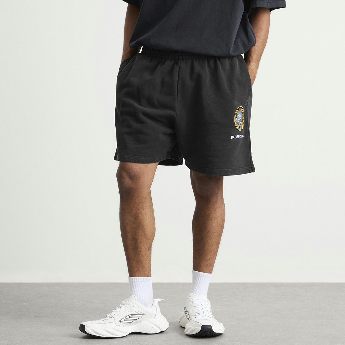 Balenciaga Men's Uniform Merch Dry Molleton Shorts in Faded Washed