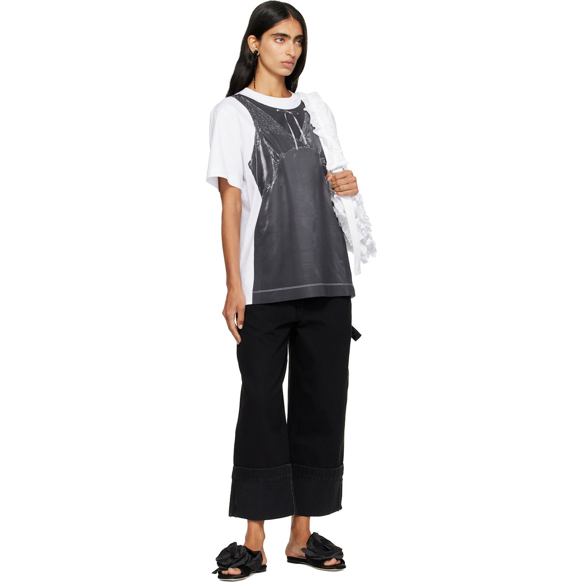 Simone Rocha White & Black Patchwork Satin Trompe L'Oeil Print T-shirt