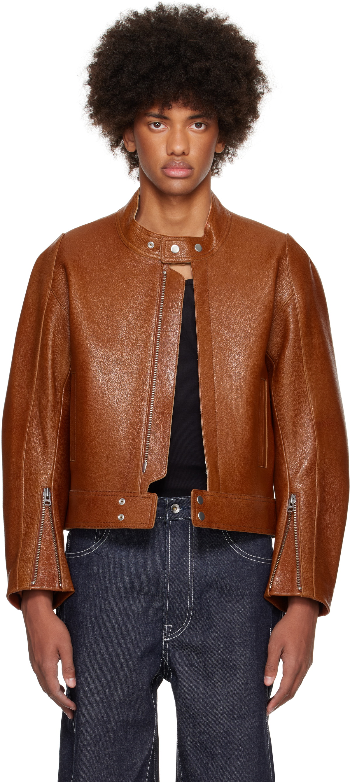 Karmuel Young Brown 2-Way Pocket Biker Leather Jacket