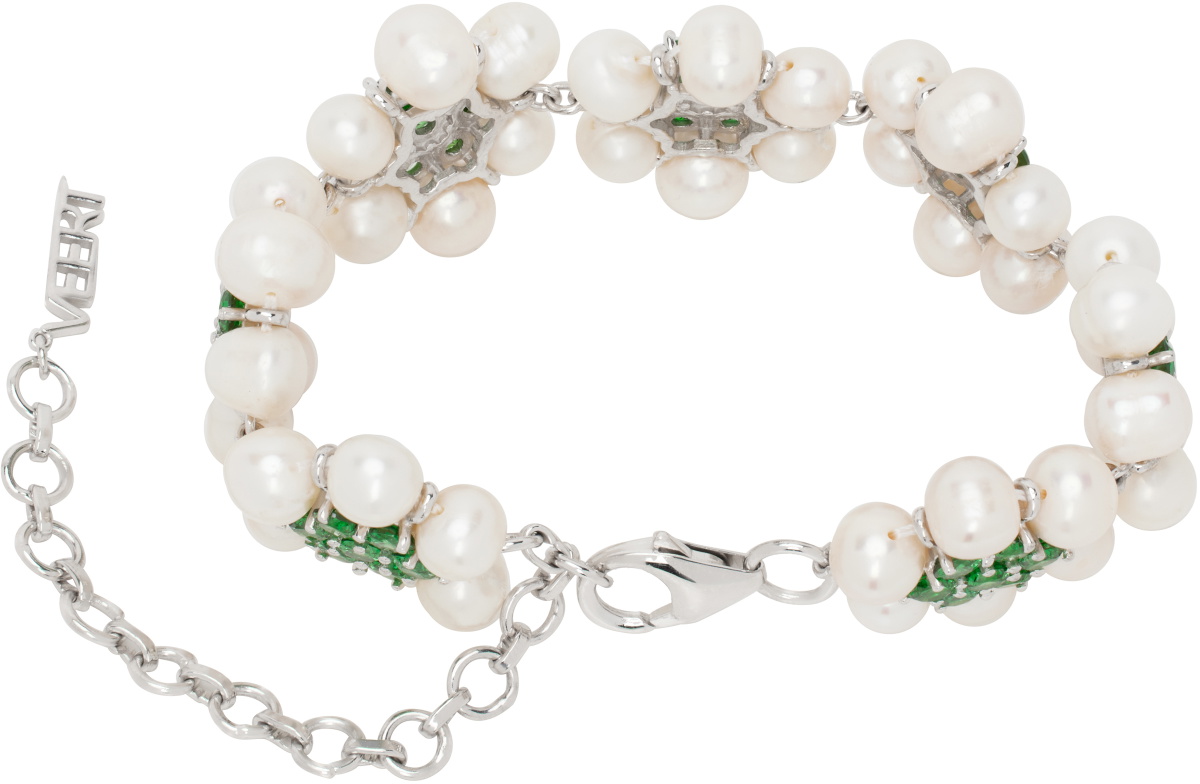 VEERT White Gold 'The 42 Pearl Green Flower' Bracelet