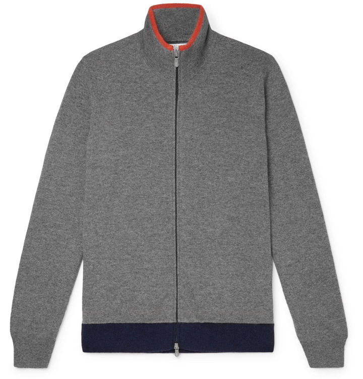 Photo: Brunello Cucinelli - Contrast-Tipped Cashmere Zip-Up Sweater - Gray