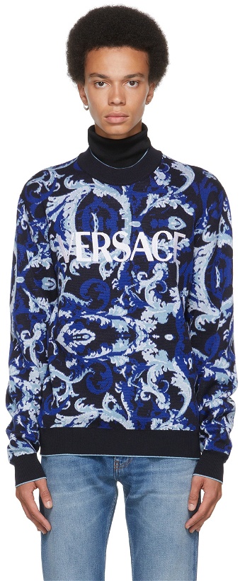 Photo: Versace Blue Knit Baroccoflage Sweater