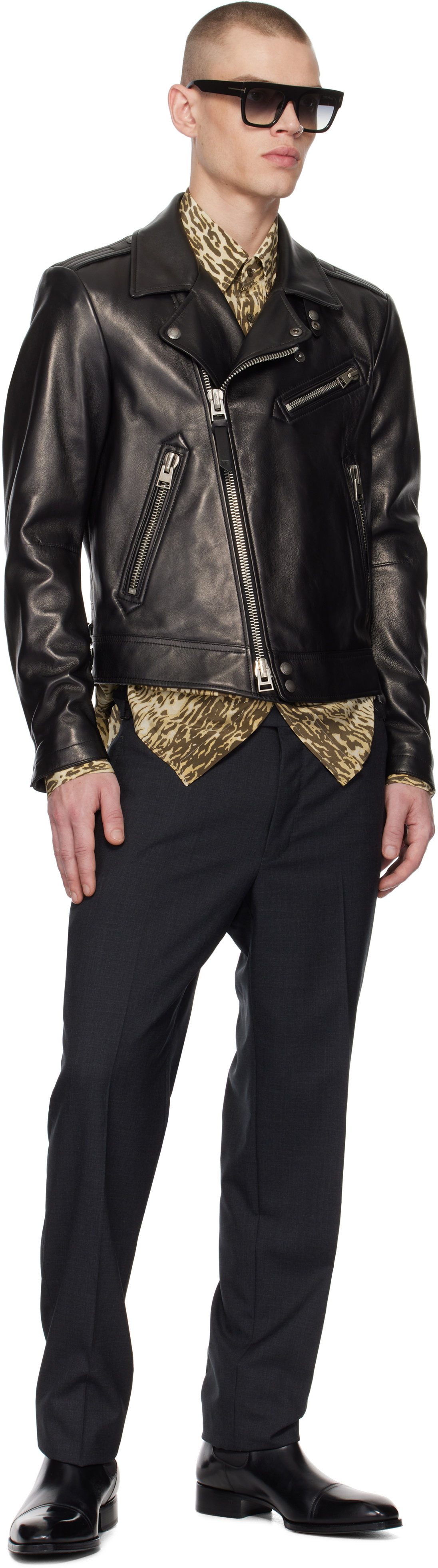 TOM FORD Black Grain Leather Asymmetric Biker Jacket