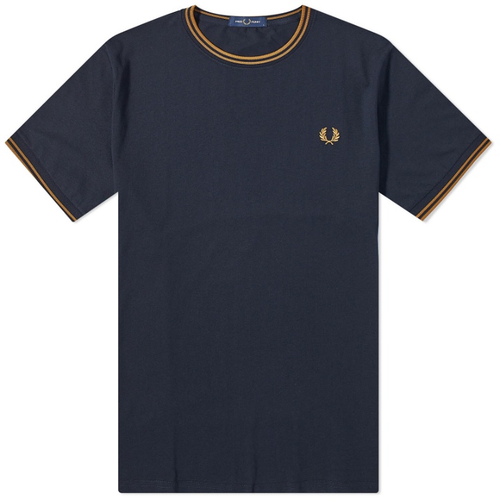 Photo: Fred Perry Men's Twin Tipped T-Shirt in Navy/Dark Caramel