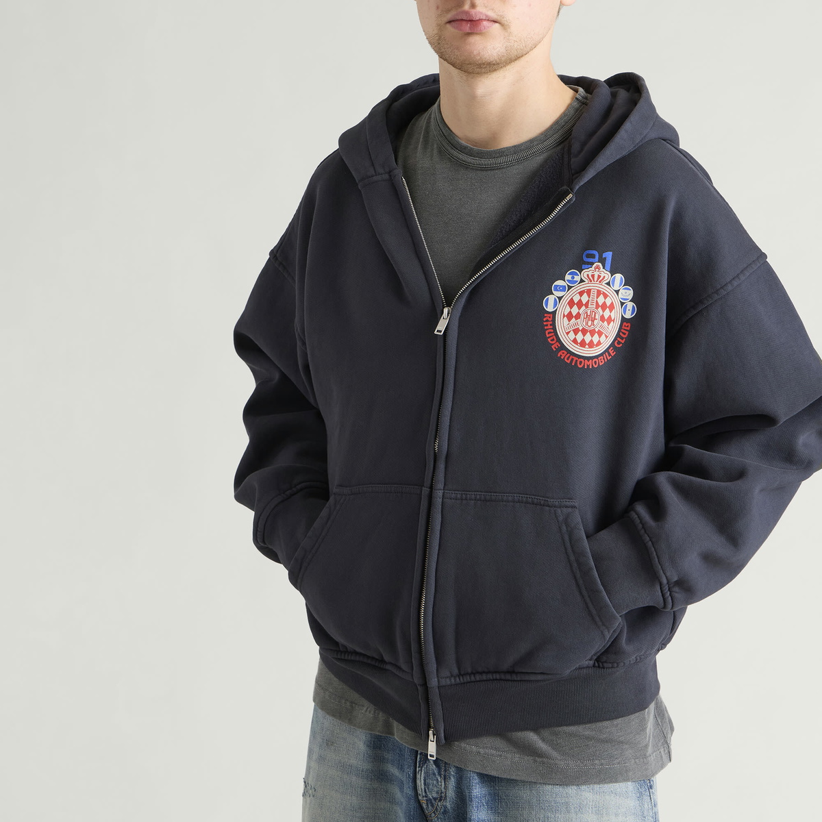 Rhude Men's Automobile Club Zip-Up Hoodie in Vintage Black/Red/White/Blue