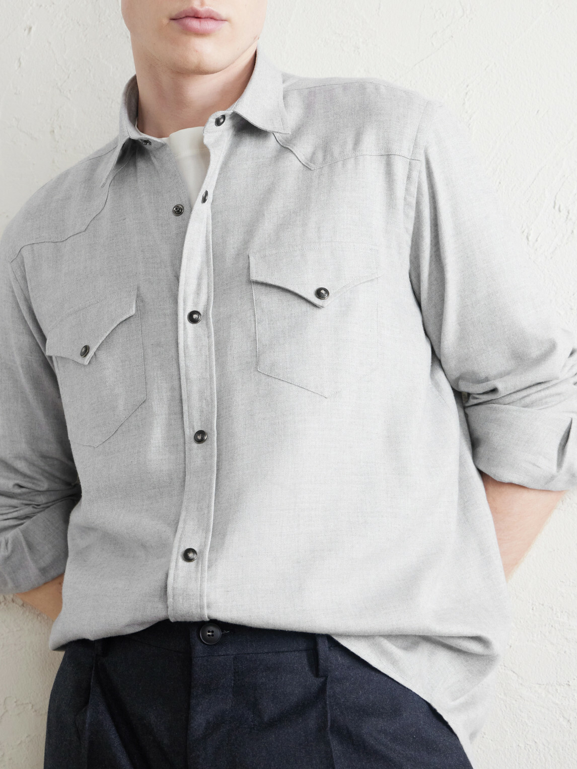 Canali - Lyocell and Cotton-Blend Herringbone Shirt - Gray