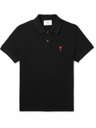 AMI PARIS - Logo-Embroidered Organic Cotton-Piqué Polo Shirt - Black