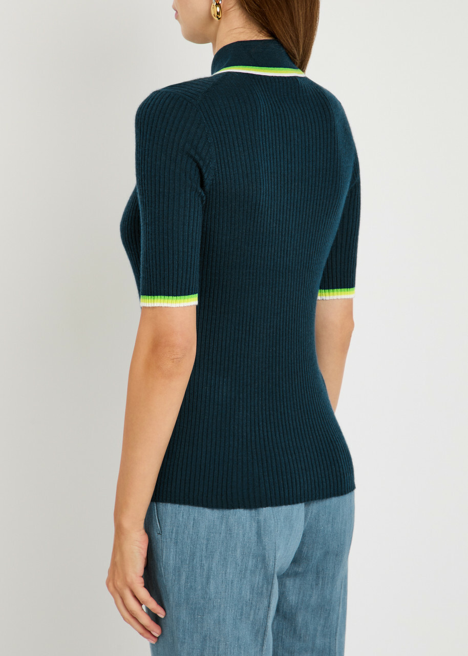 Gabriela Hearst Perro Ribbed Cashmere and Silk-blend Polo Shirt Denim