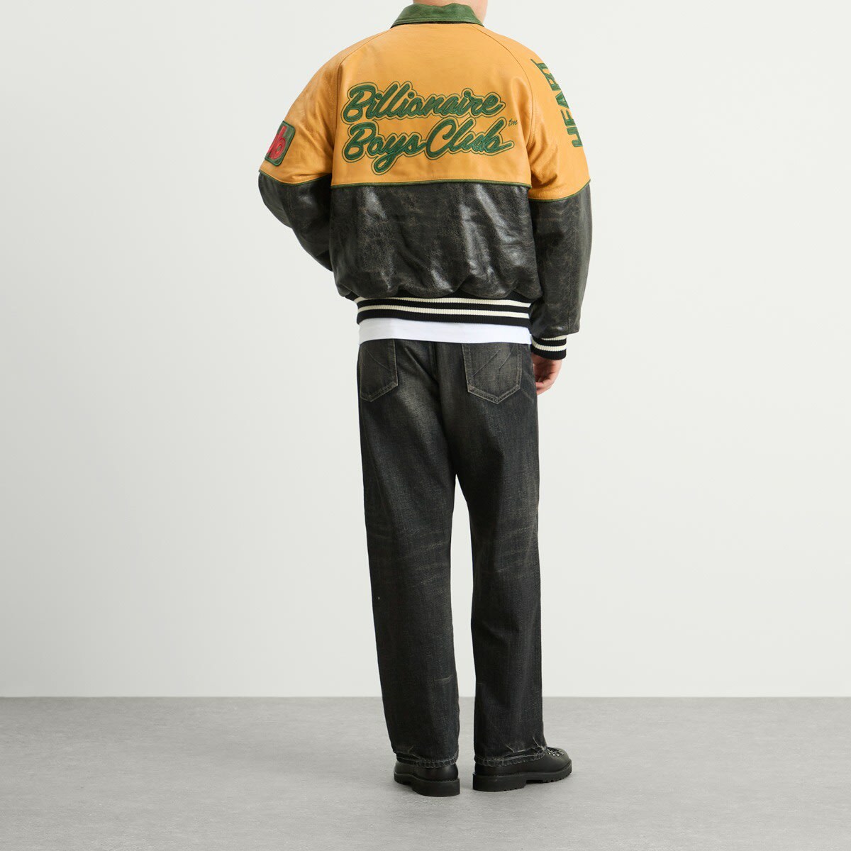Billionaire Boys Club Men's Club Cracked Leather Varsity Jacket in Black/Yellow