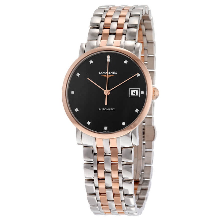 Photo: Longines Elegant Automatic Black Diamond Dial Steel and 18kt Rose Gold Ladies Watch L48095577